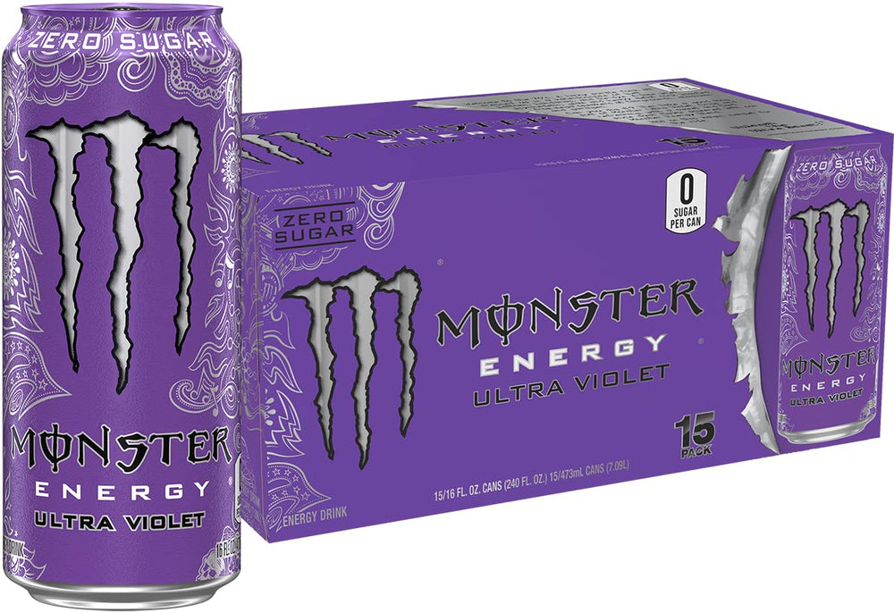 Monster Ultra Violet bottle front shows bold label and zero sugar promise for on-the-go energy