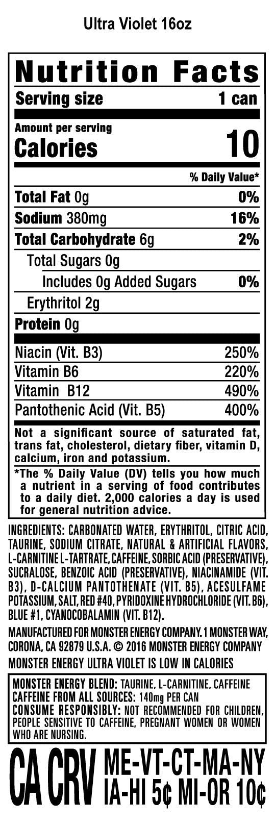 Monster Ultra Violet bottle side reveals flavor notes and caffeine boost for sustained focus