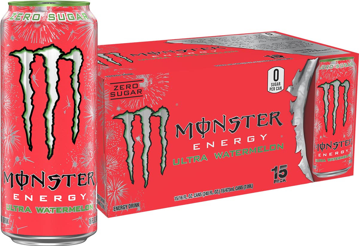 Monster Ultra Watermelon can front view, zero sugar refreshment for active days.
