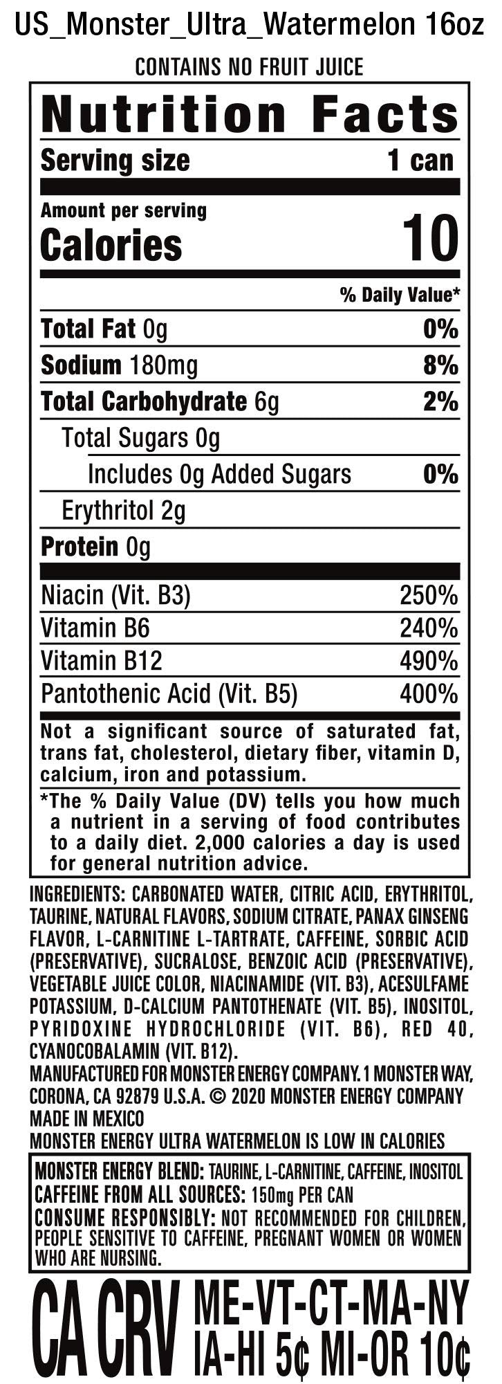 Close-up of Monster Ultra Watermelon label showing zero sugar and 10 calories.