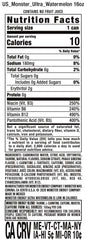 Close-up of Monster Ultra Watermelon label showing zero sugar and 10 calories.