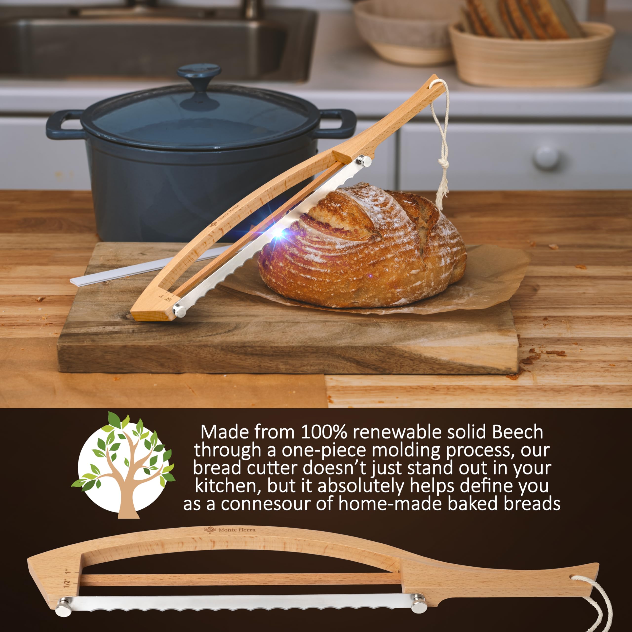 MonteHerra solid beech wood handle for ergonomic comfort and durability.