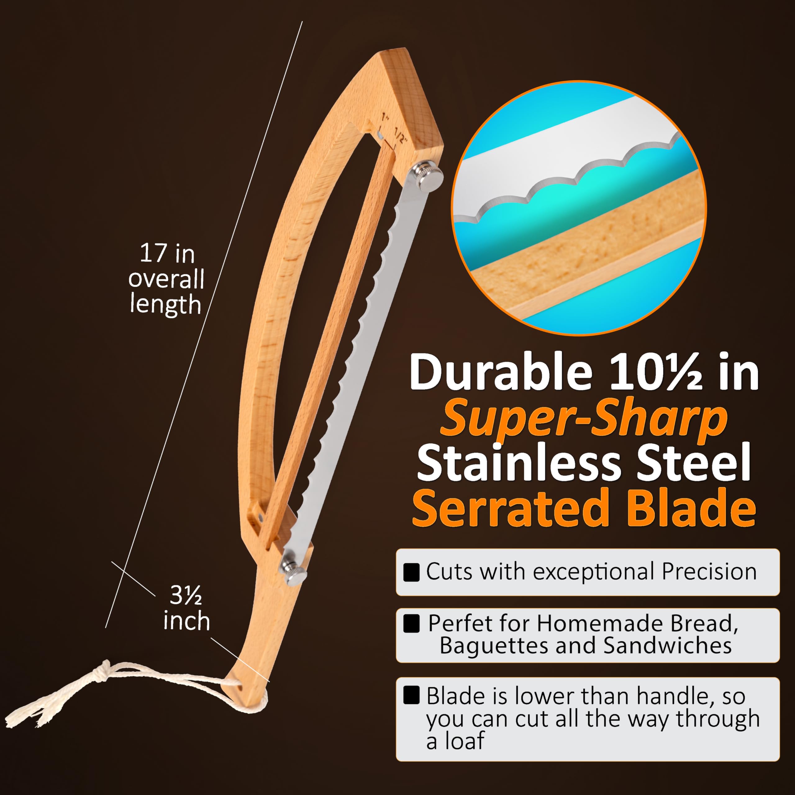 MonteHerra stainless steel serrated blade cuts softly without tearing.