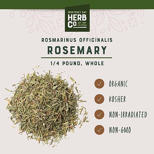 MONTEREY BAY HERB CO rosemary needle leaves macro, adds earthy pine character.