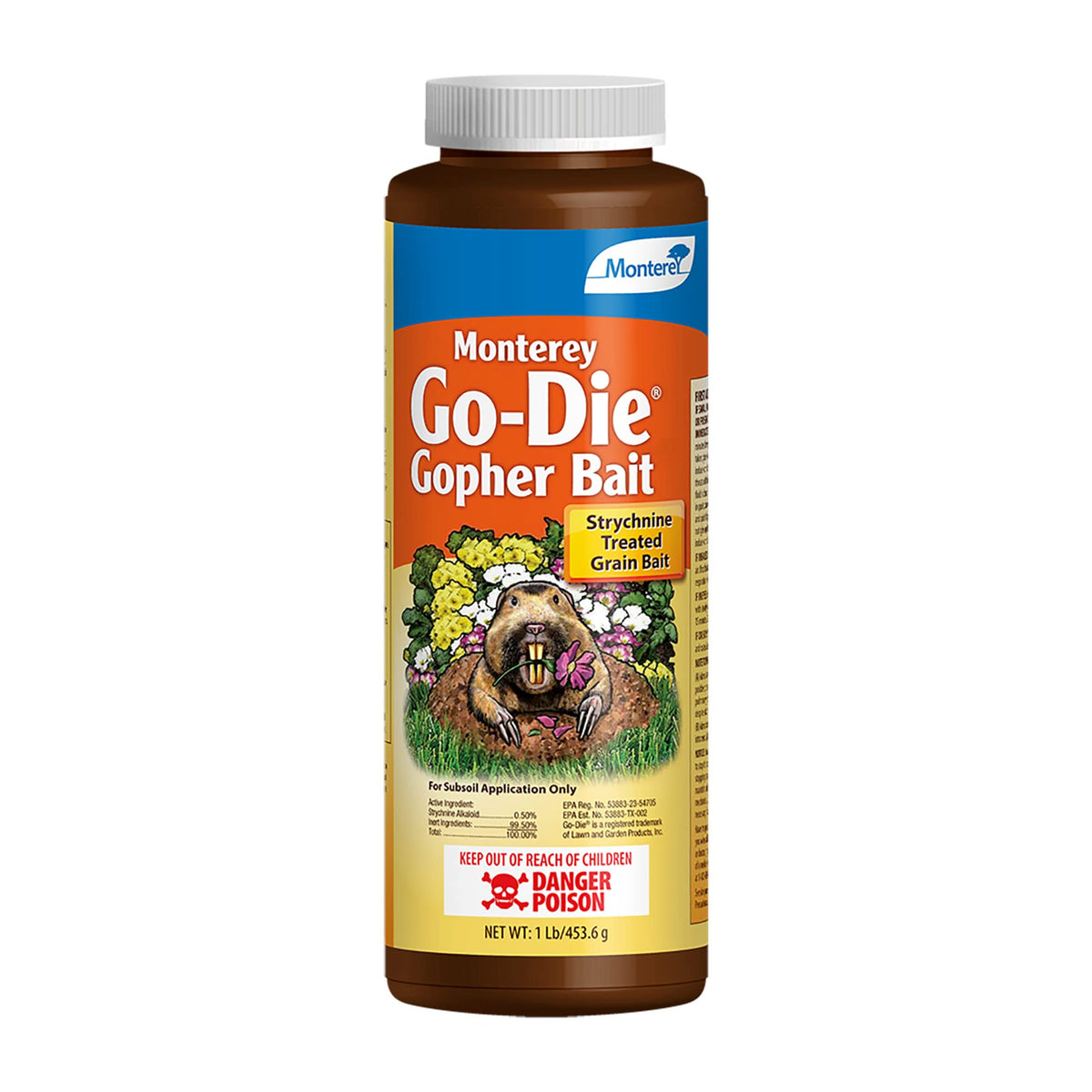 Monterey Go-DIE Gopher Bait applied along active runways to target pocket gophers.