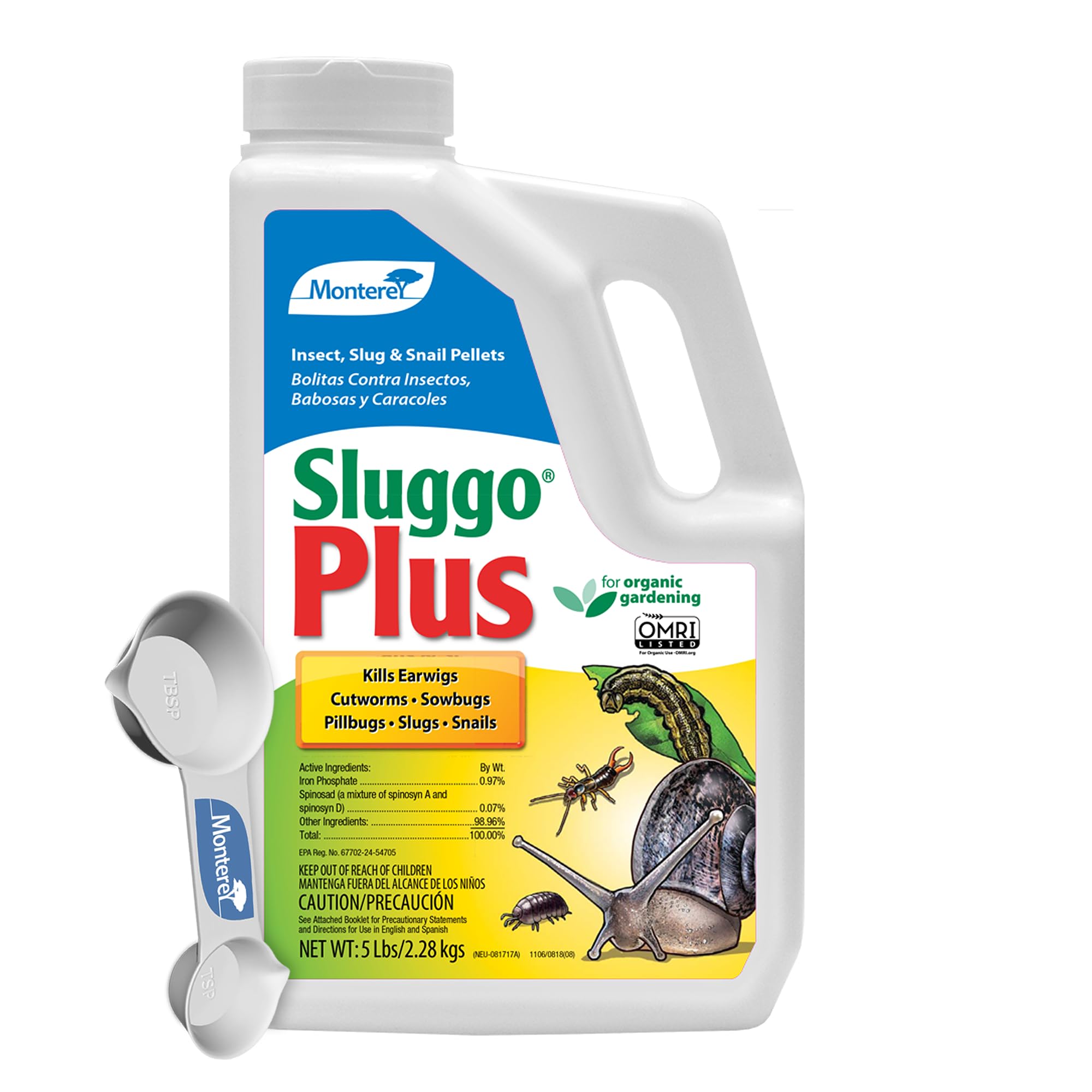 Monterey Sluggo Plus 5 lb jug used for organic pest control in gardens.