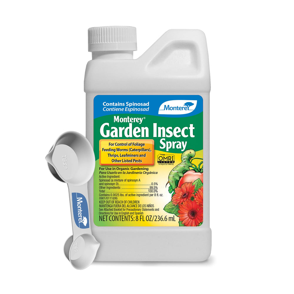 Monterey Spinosad insecticide bottle label highlights natural pest control for diverse gardens