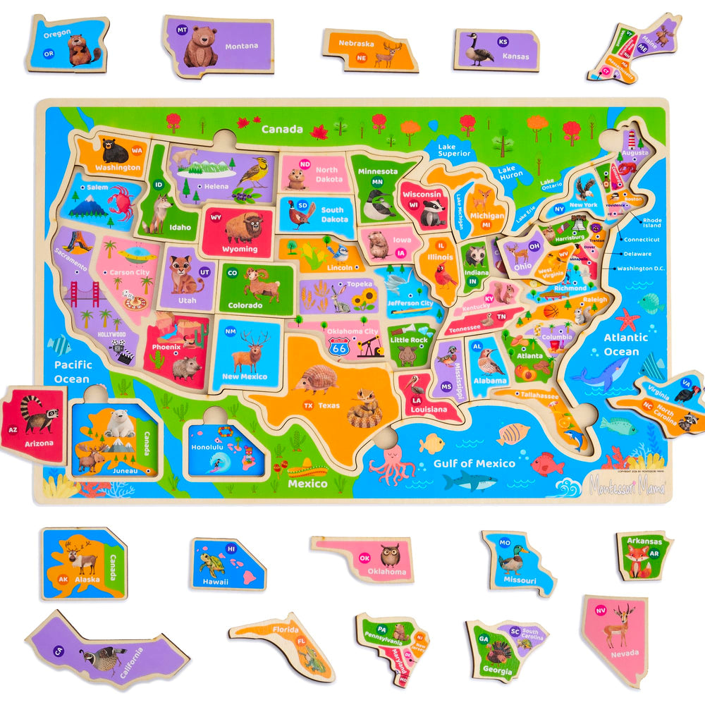 Montessori Mama USA Map Puzzle — assembled view highlighting all states for engaging geography play.