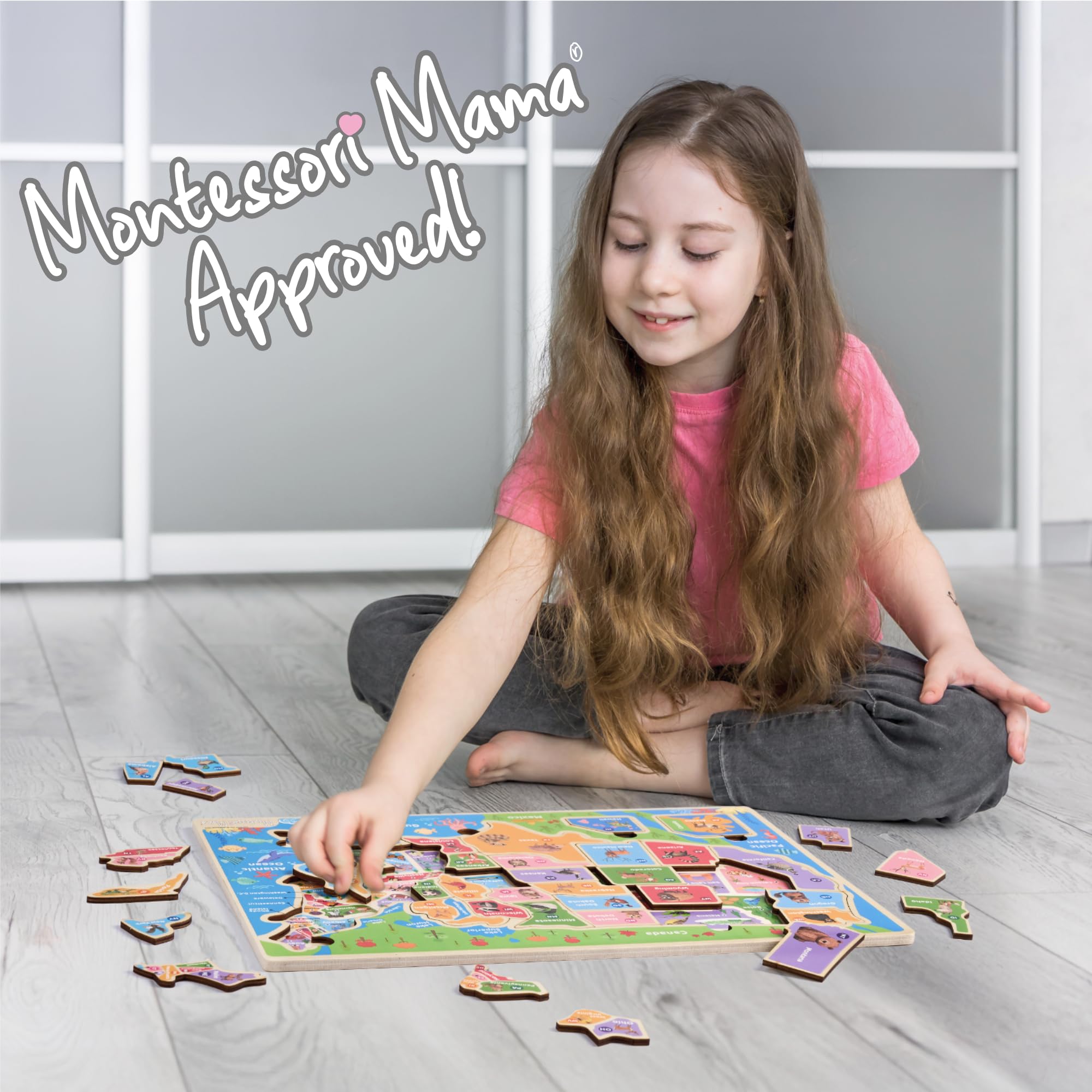 Montessori Mama USA Map Puzzle child playing to discover states and capitals.