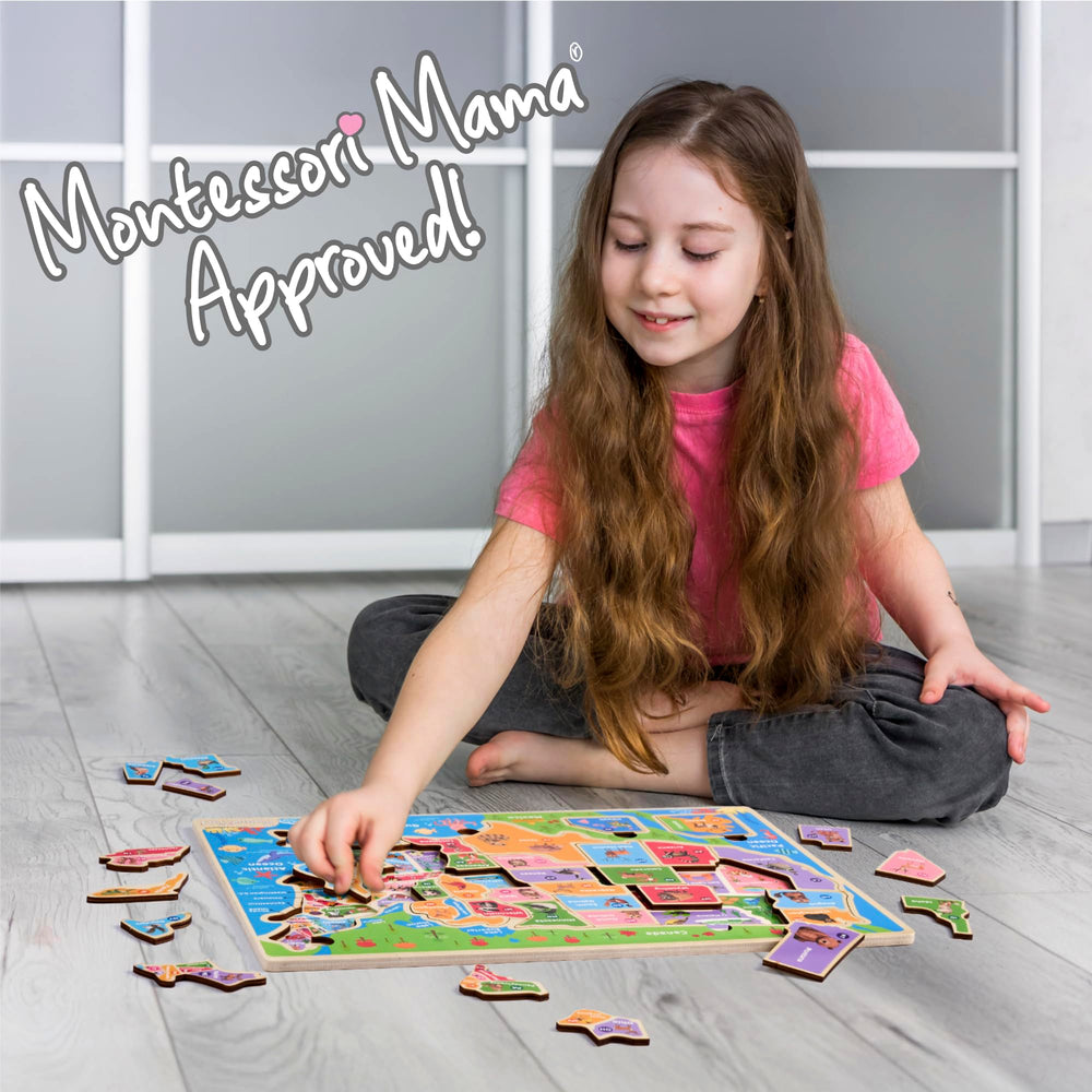 Montessori Mama USA Map Puzzle child playing to discover states and capitals.