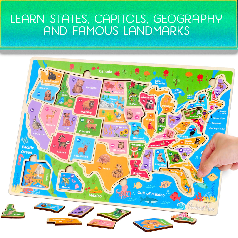 Montessori Mama USA Map Puzzle showing states and capitals for hands-on learning.