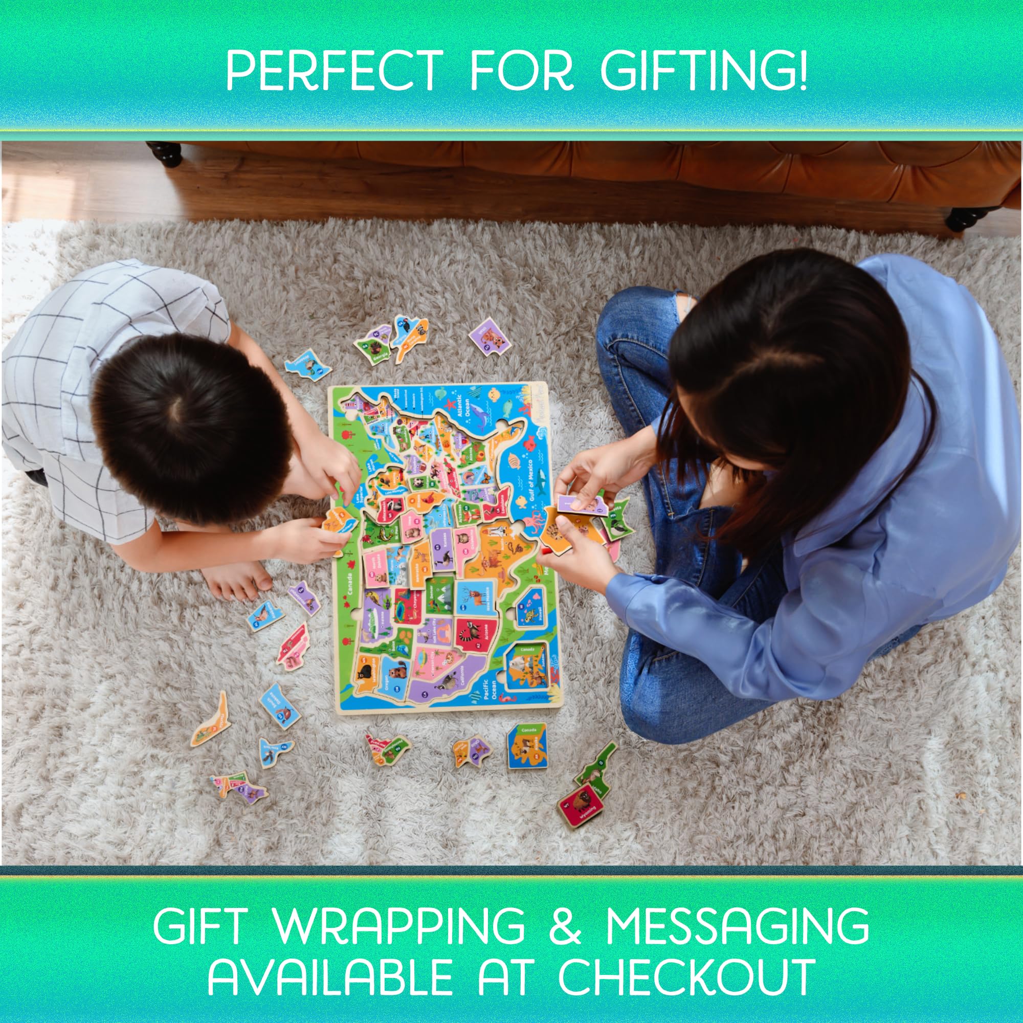 Montessori Mama USA Map Puzzle compact travel case supports learning on the go.