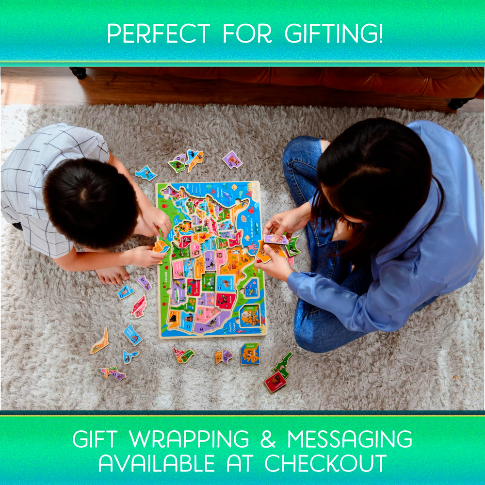 Montessori Mama USA Map Puzzle compact travel case supports learning on the go.