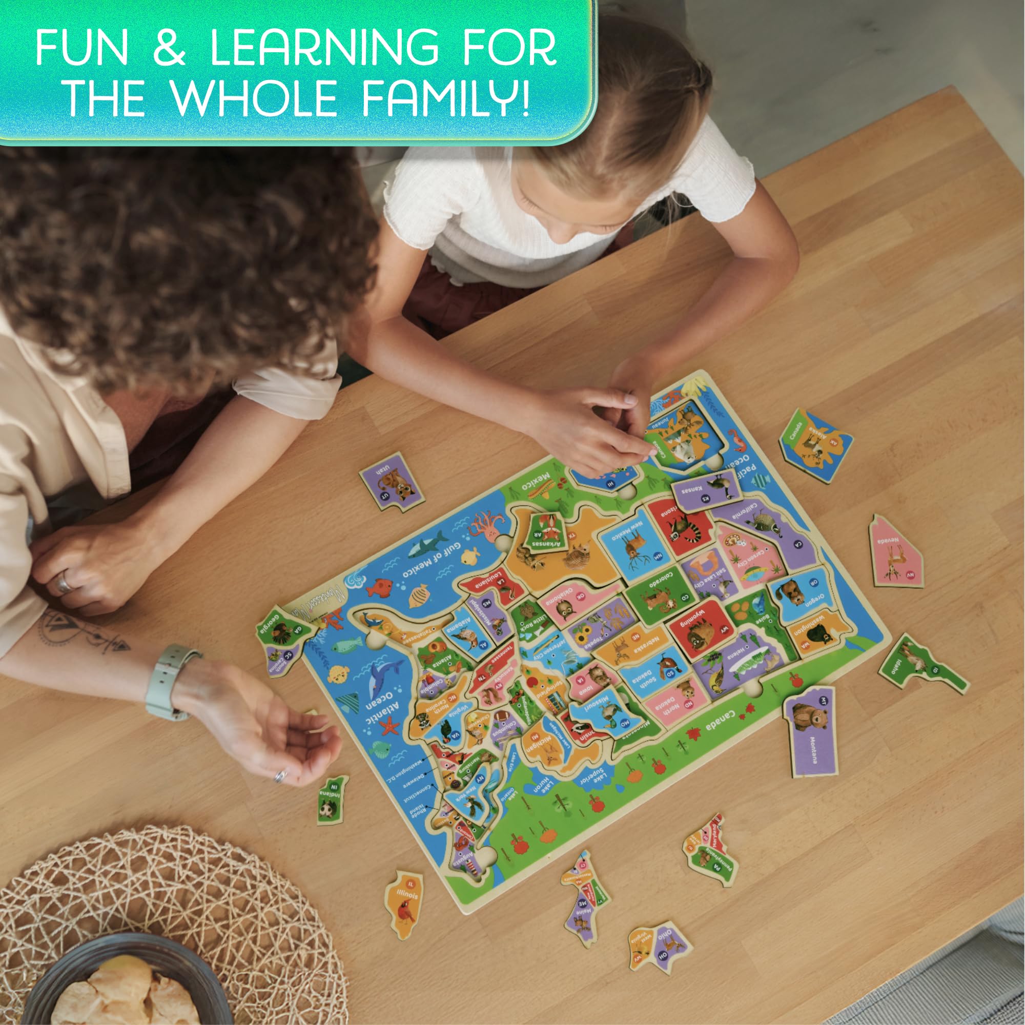Montessori Mama USA Map Puzzle close-up of wooden pieces emphasizing durable construction.