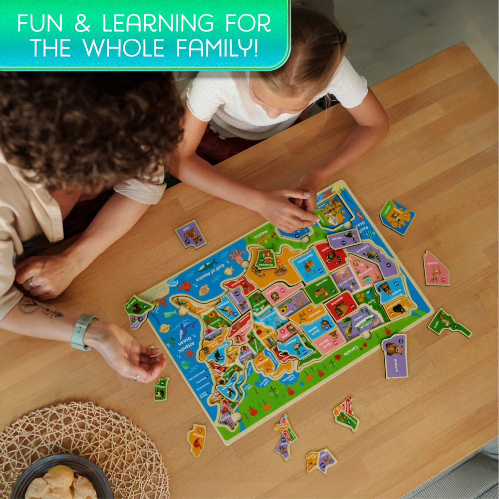 Montessori Mama USA Map Puzzle close-up of wooden pieces emphasizing durable construction.