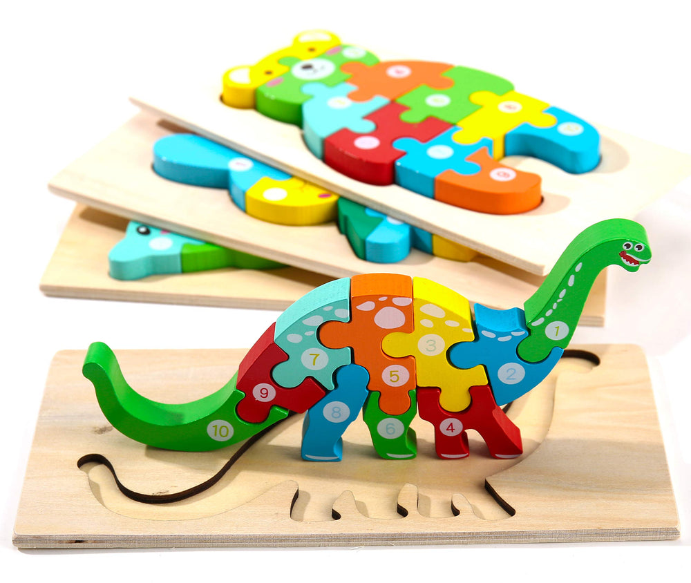 Montessori Mama wooden dinosaur puzzle enhances spatial awareness for toddlers.