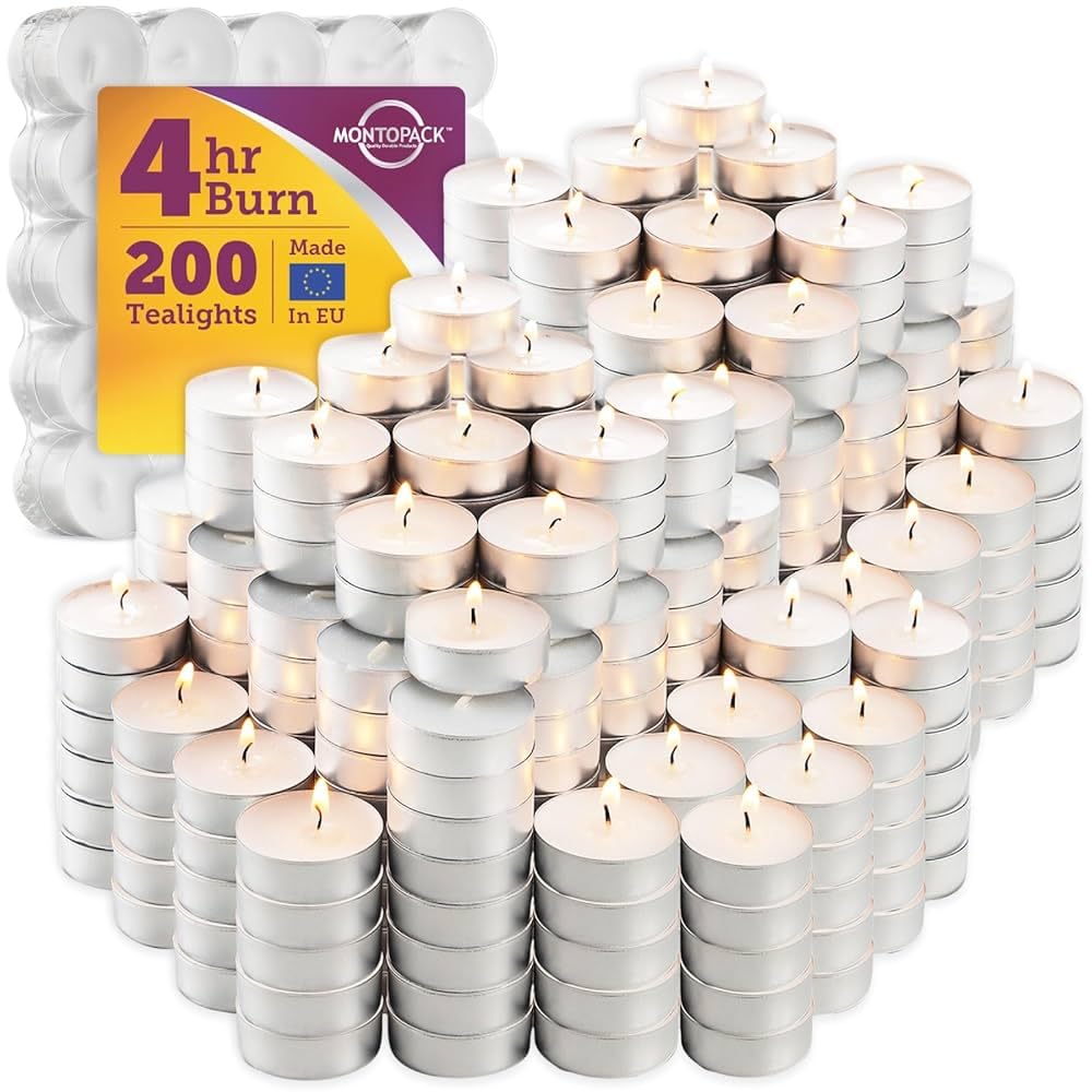 Montopack bulk 200-pack tea lights provide warm ambient lighting for events.