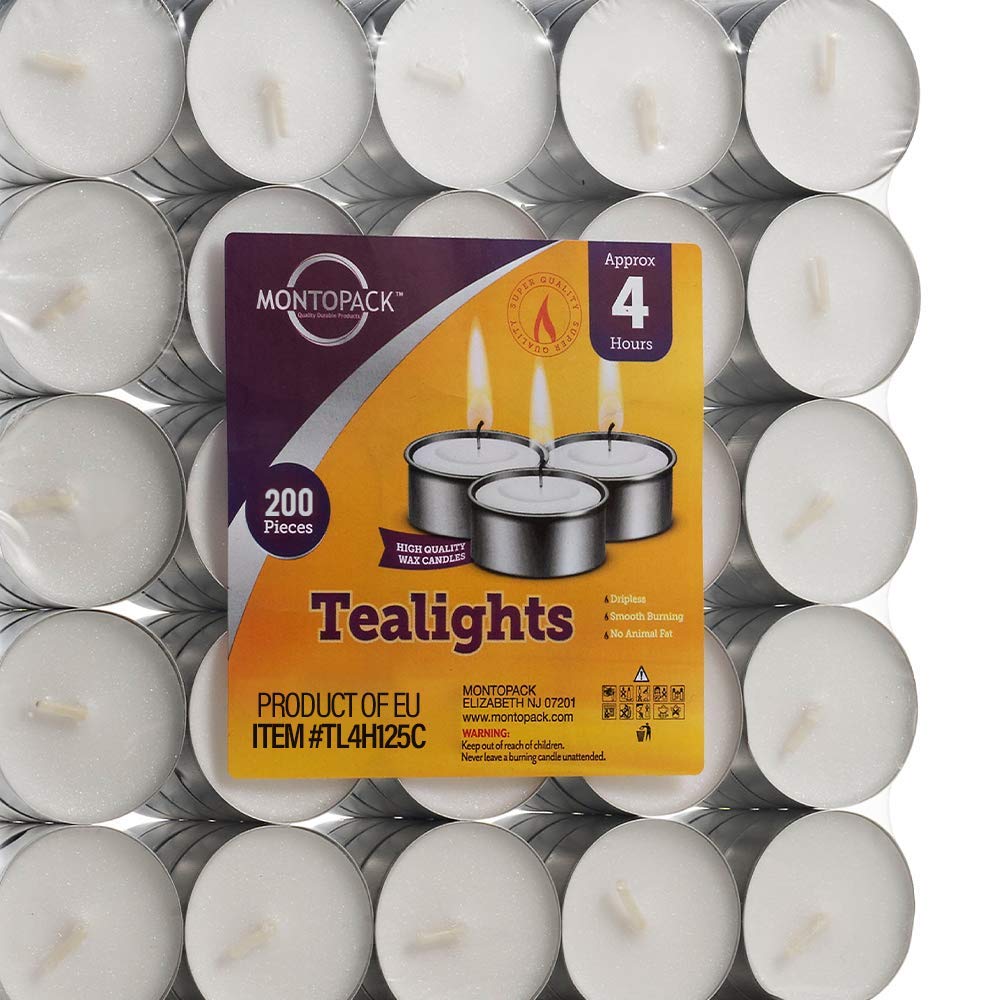 Montopack tea lights in aluminum tins deliver dripless, mess-free tabletop illumination.