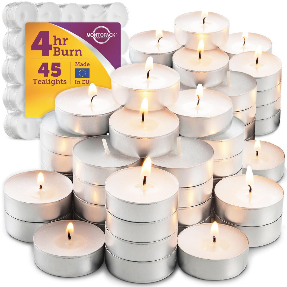 MontoPack unscented tea-light candles 45-pack in box for bulk event use.