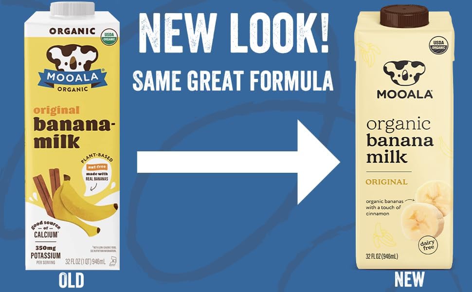 Carton side shows gluten-free and vegan nutrition facts for Mooala Banana Milk.