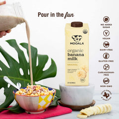 Pour Mooala Banana Milk over cereal for a creamy breakfast.