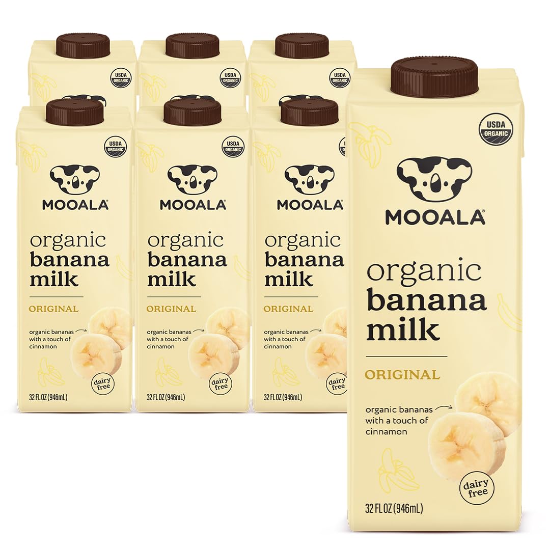 Mooala Banana Milk pack front, shelf-stable plant-based beverage.