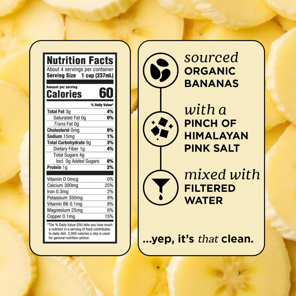 Label highlights organic bananas and sunflower seeds in Mooala Banana Milk.