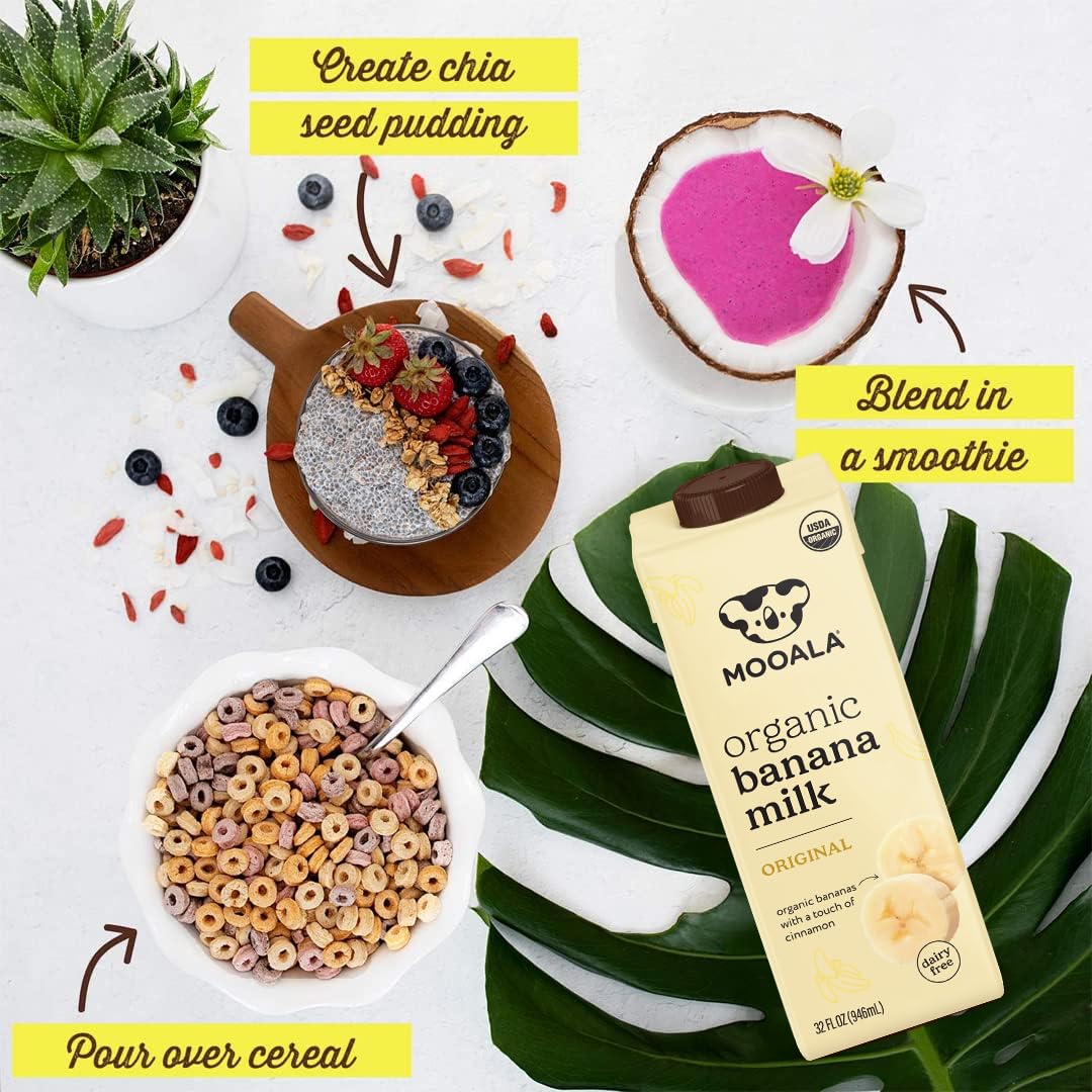 Glass of Mooala Banana Milk beside a smoothie bowl.