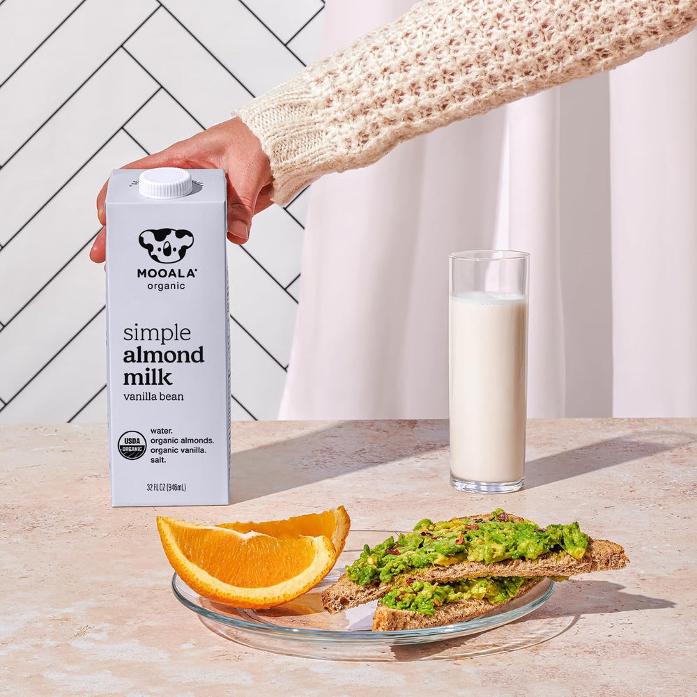 Carton of Mooala shelf-stable almond milk for pantry stock.