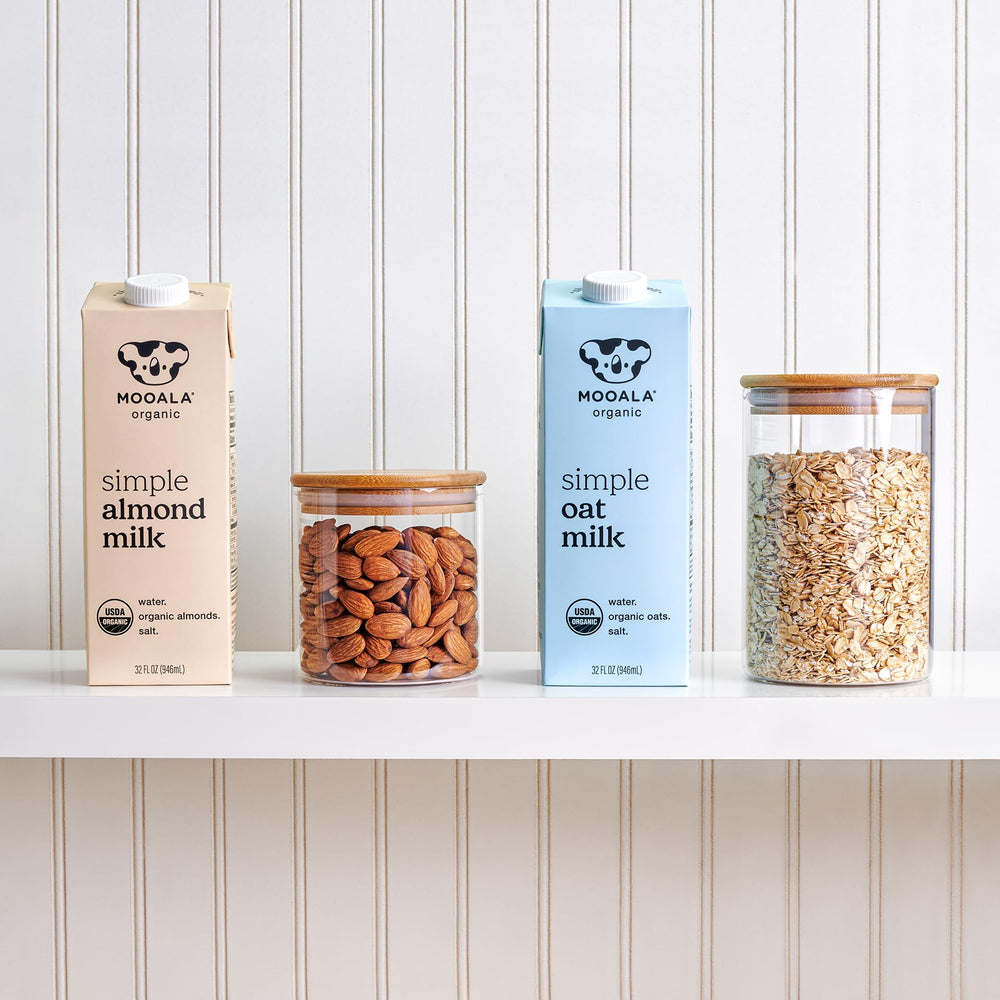Mooala Simple Almond Milk on a pantry shelf for easy, shelf-stable storage.