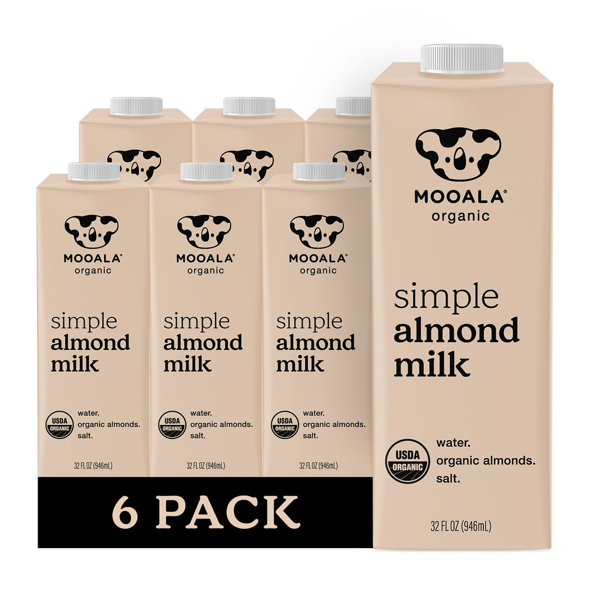 Mooala Simple Almond Milk bottle showing a clean, 3-ingredient dairy-free option.