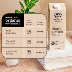 Mooala Simple Almond Milk ingredients: almonds, salt, water, arranged neatly.