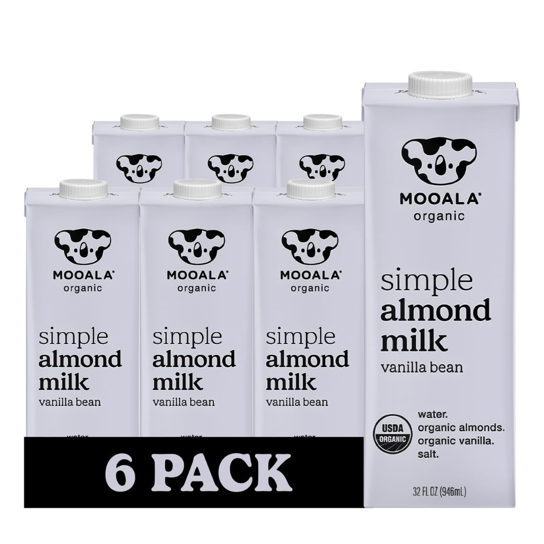 Mooala Simple Vanilla Almond Milk bottle on a pantry shelf, dairy-free option.