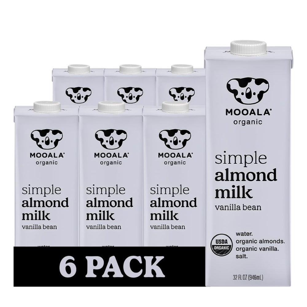 Mooala Simple Vanilla Almond Milk bottle on a pantry shelf, dairy-free option.