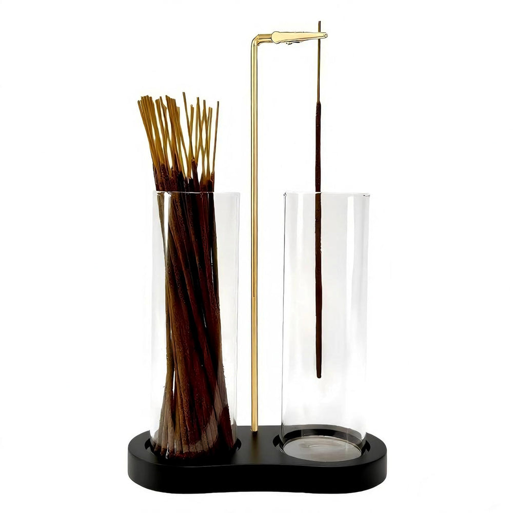 Moocervi glass incense holder with black wood base shows the 2-in-1 design.