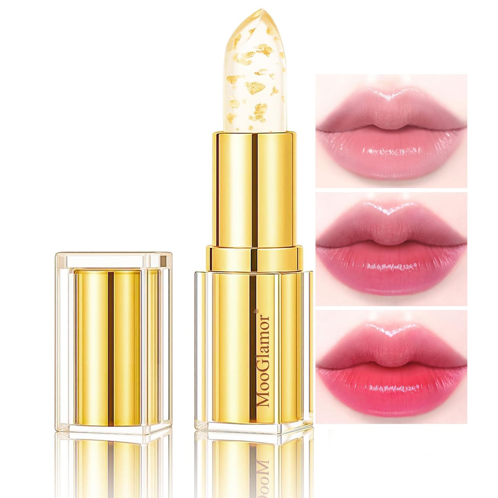 MooGlamor Clear Lipstick color-change visual creates a personalized pink shade.