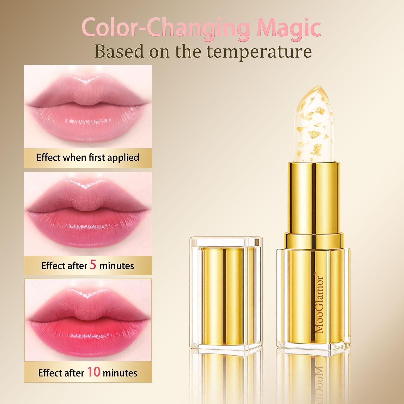 MooGlamor Clear Lipstick gold-foil detail enhances luxury and chic on-the-go.
