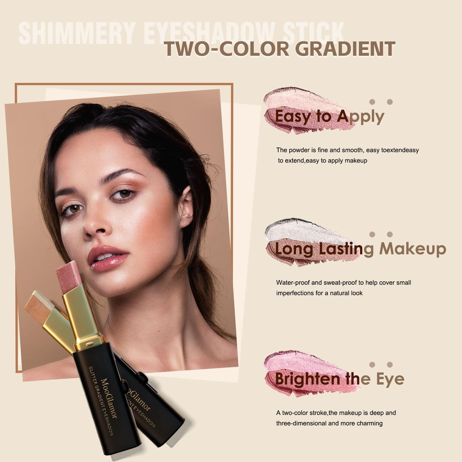 MooGlamor eye shadow stick in peach-pink gradient delivers quick, seamless color blend.