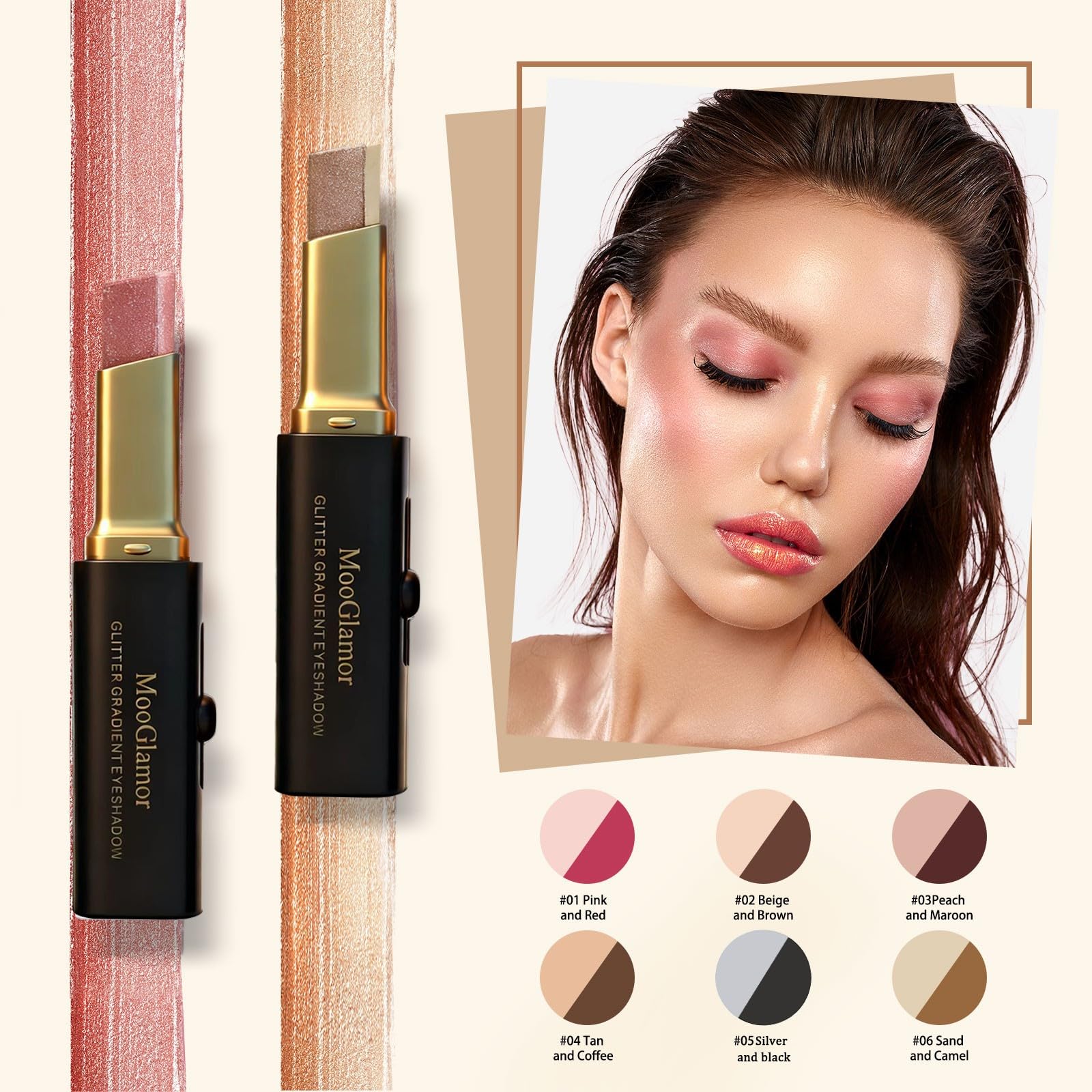 MooGlamor glitter eye shadow stick in plum-gold gradient adds rich dimension.
