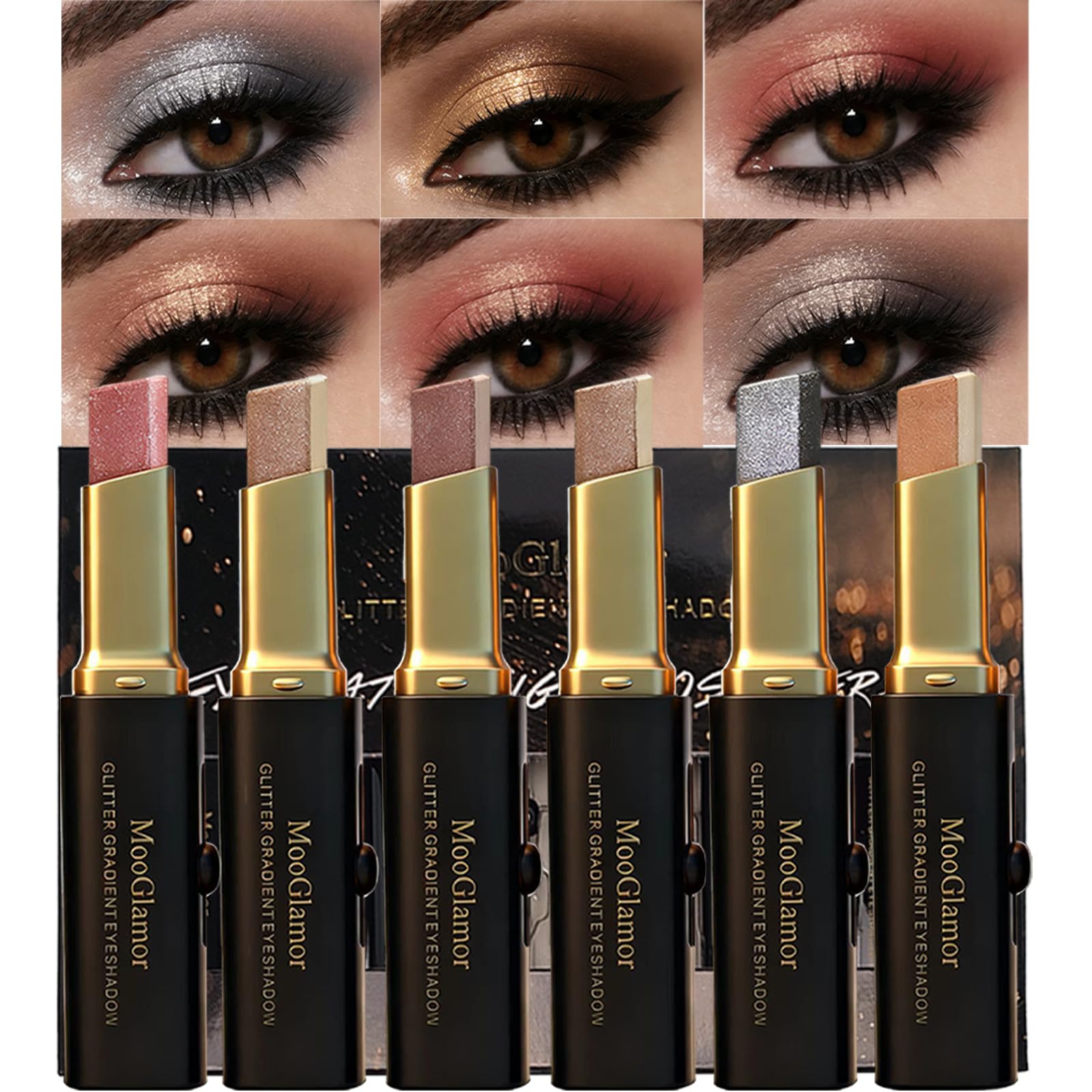MooGlamor glitter eye shadow stick in rose-gold gradient for durable, luminous lids.