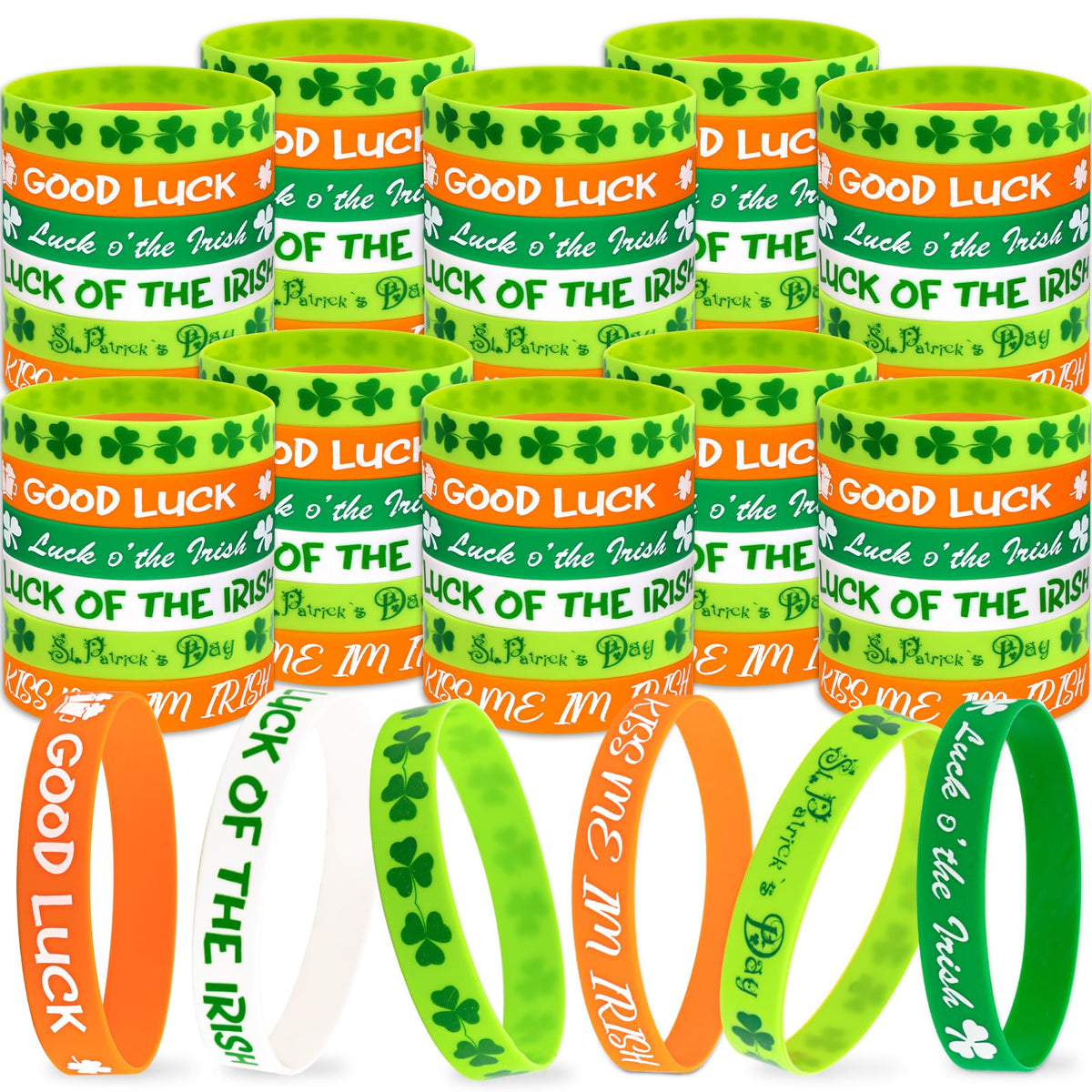 Moon Boat shamrock wristbands set in clear packaging for easy distribution.