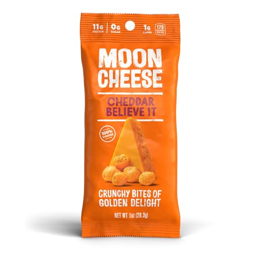 Moon Cheese Cheddar Believe It crunch texture close-up for savory snacking