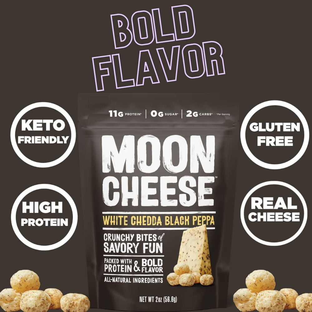 Moon Cheese packaged snacks on a shelf, ideal for lunchboxes.