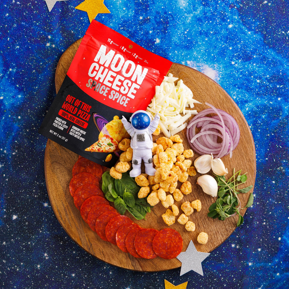 Moon Cheese Space Spice packaging display emphasizes low carb and gluten free