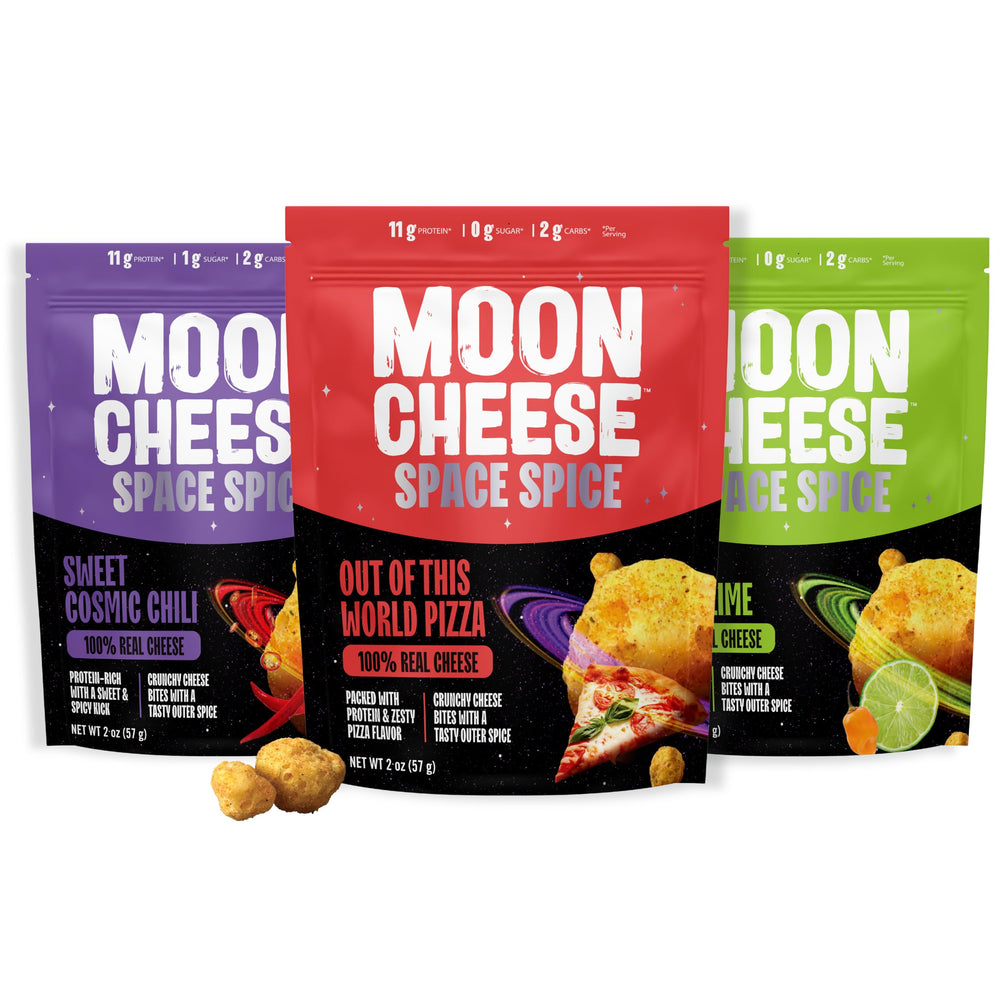 Moon Cheese Space Spice variety pack showing three flavors and snack-ready packaging