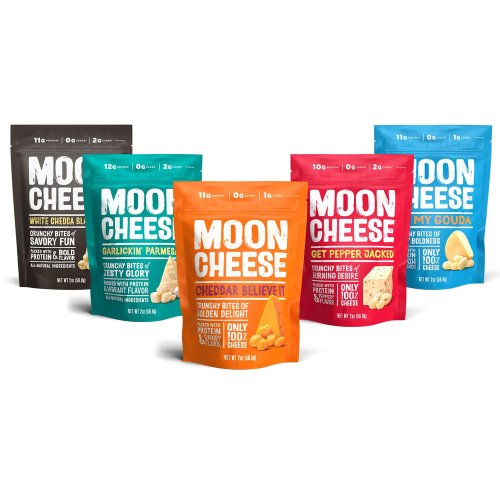 Moon Cheese cheddar bites from the variety pack, a protein-rich on-the-go snack.