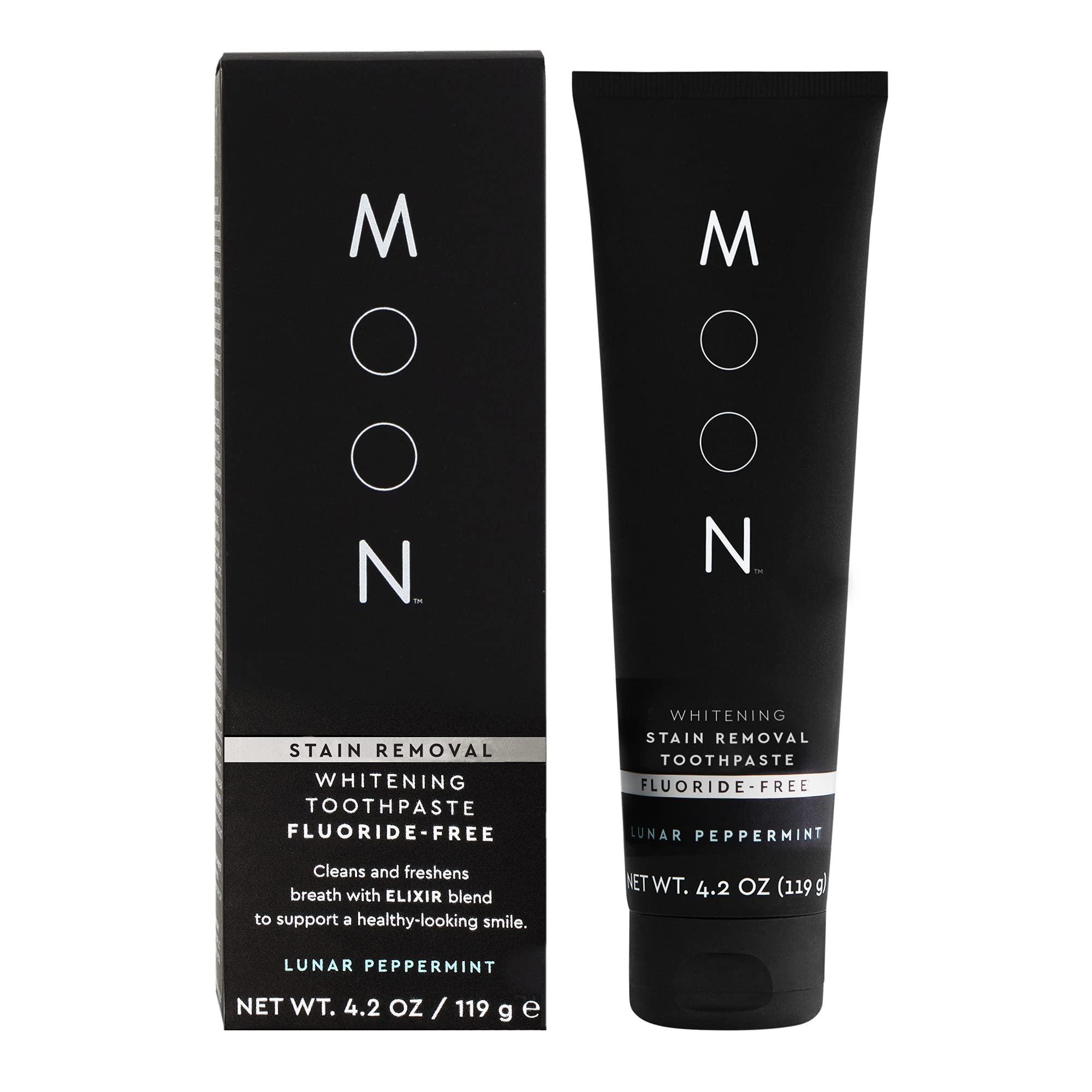 MOON fluoride-free toothpaste packaging, eco-friendly design for daily use