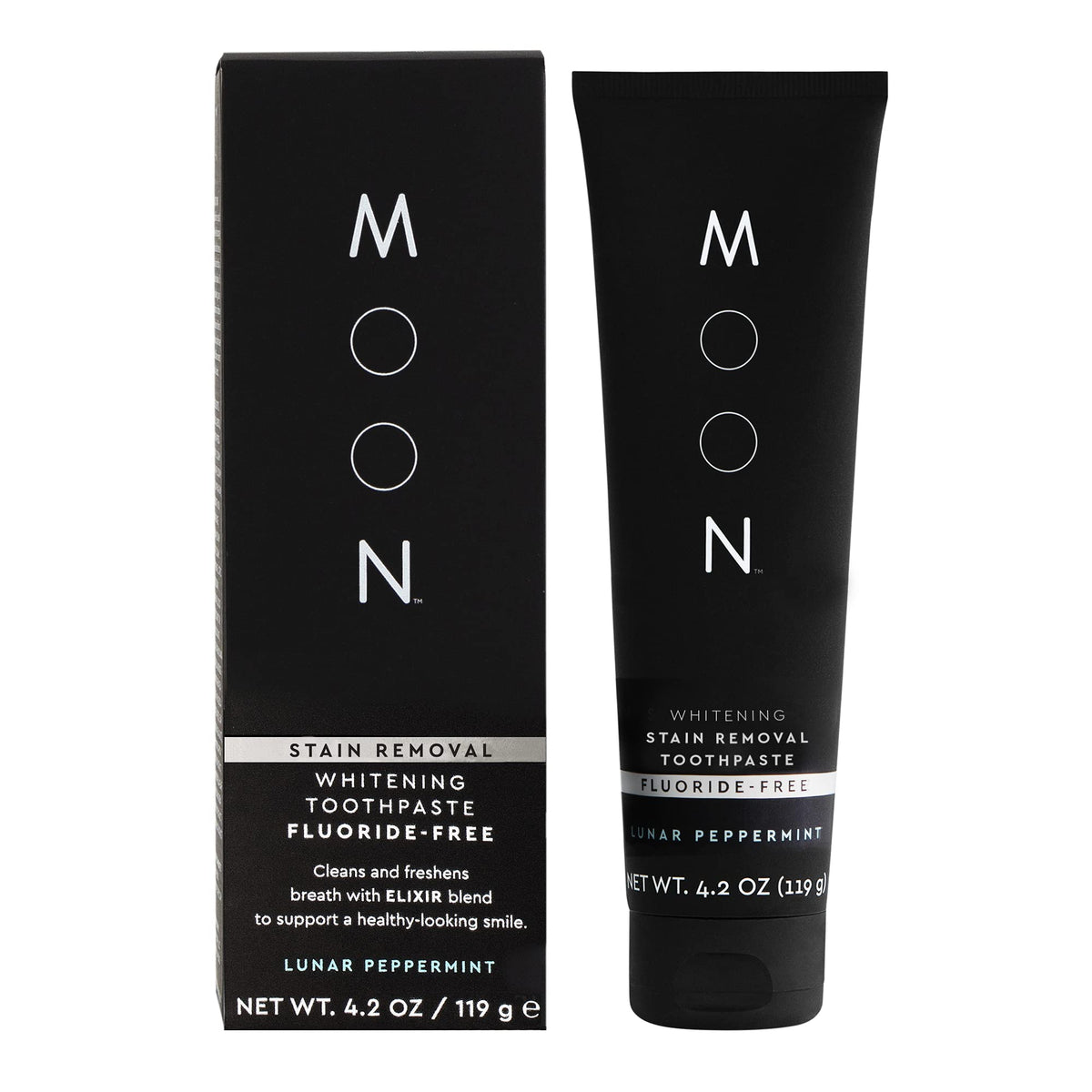 MOON fluoride-free toothpaste packaging, eco-friendly design for daily use