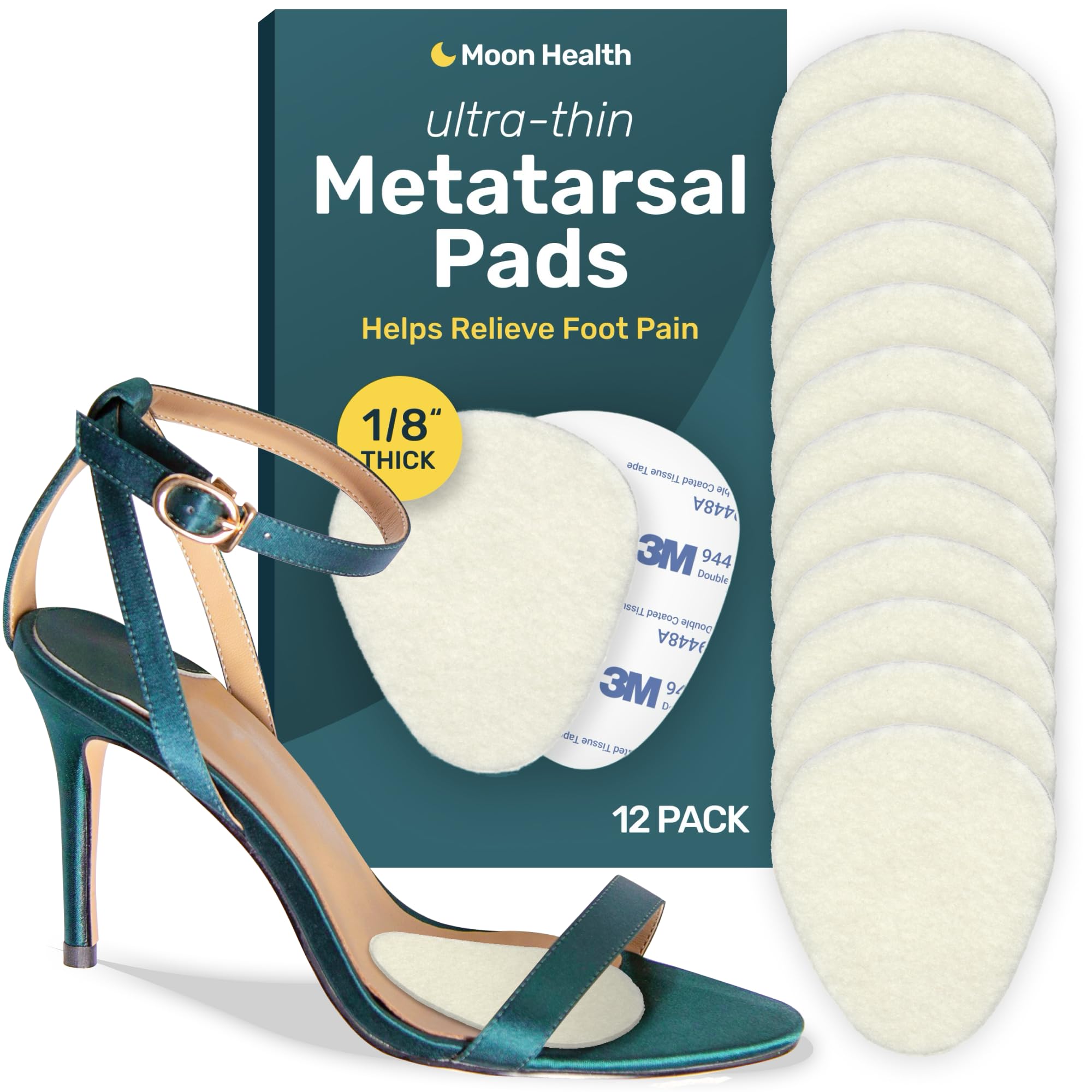 Moon Health Ultra Thin Metatarsal Pad closeup showing discreet cushioning for long hours on feet