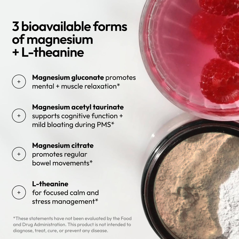 Berry-flavored Magnesi-Om powder beside sparkling water.